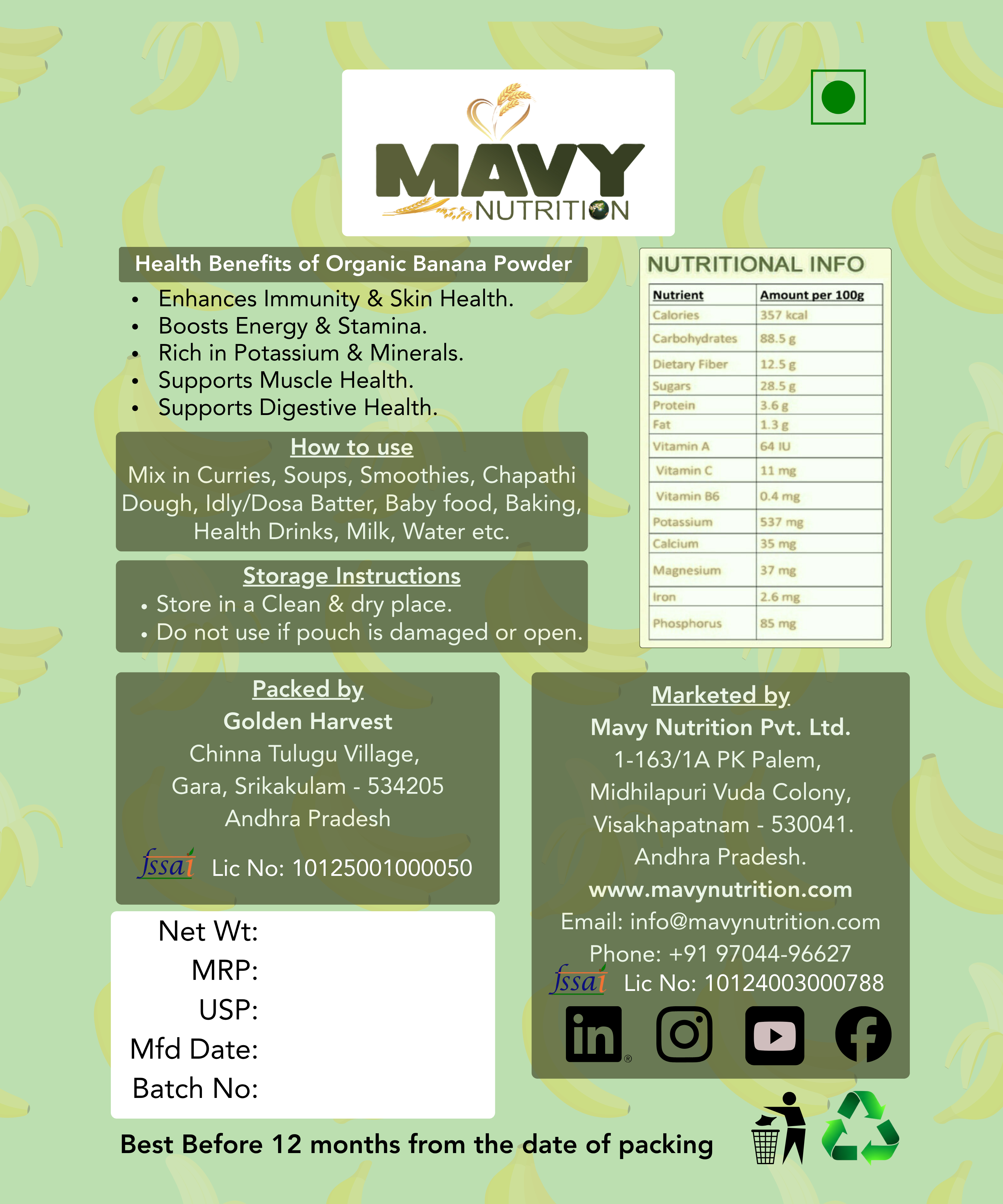 Mavy Nutrition organic banana powder packaging with health benefits, nutritional information, and storage instructions.