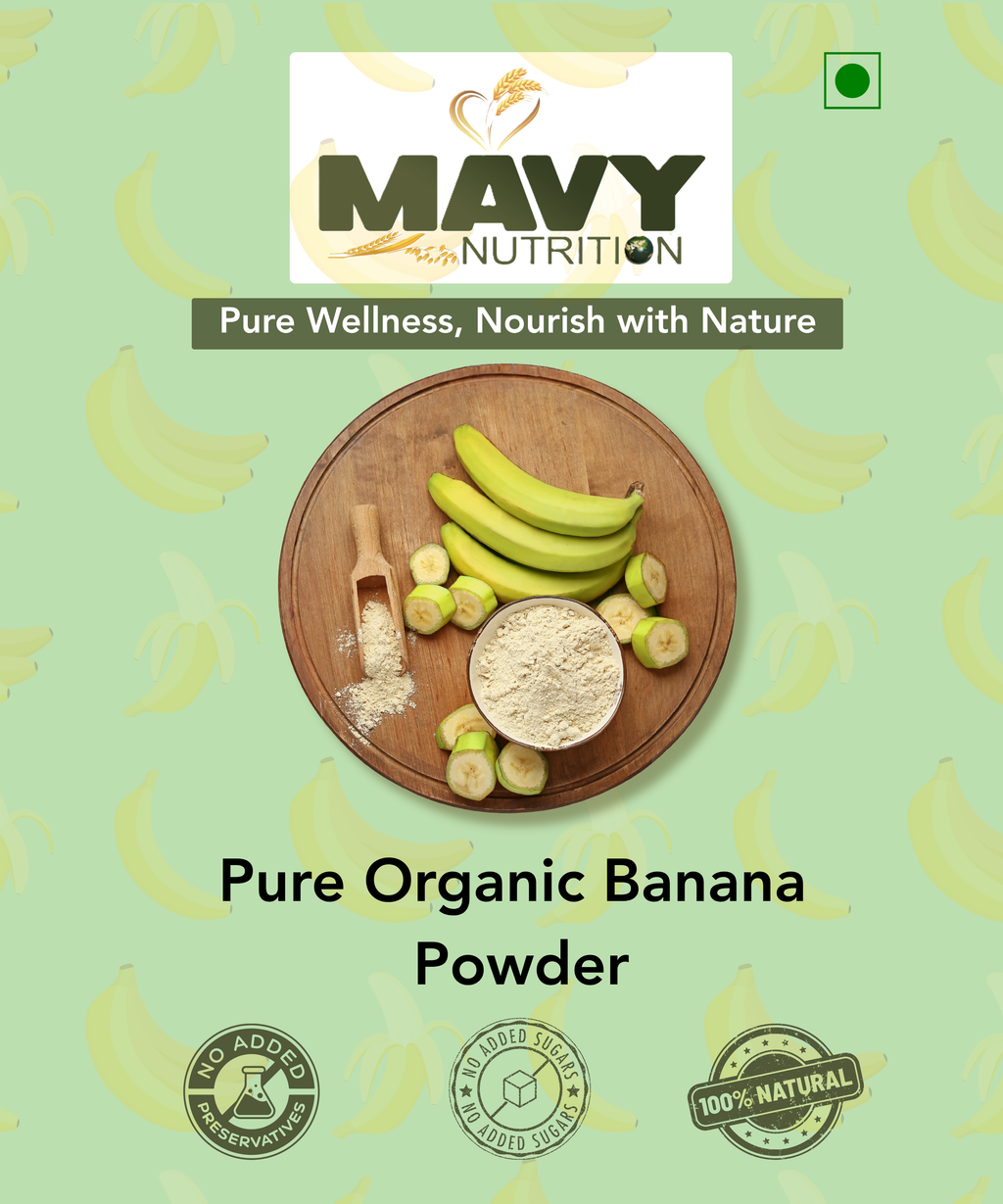 Mavy Nutrition Pure Organic Banana Powder packaging with bananas and powder on a green background