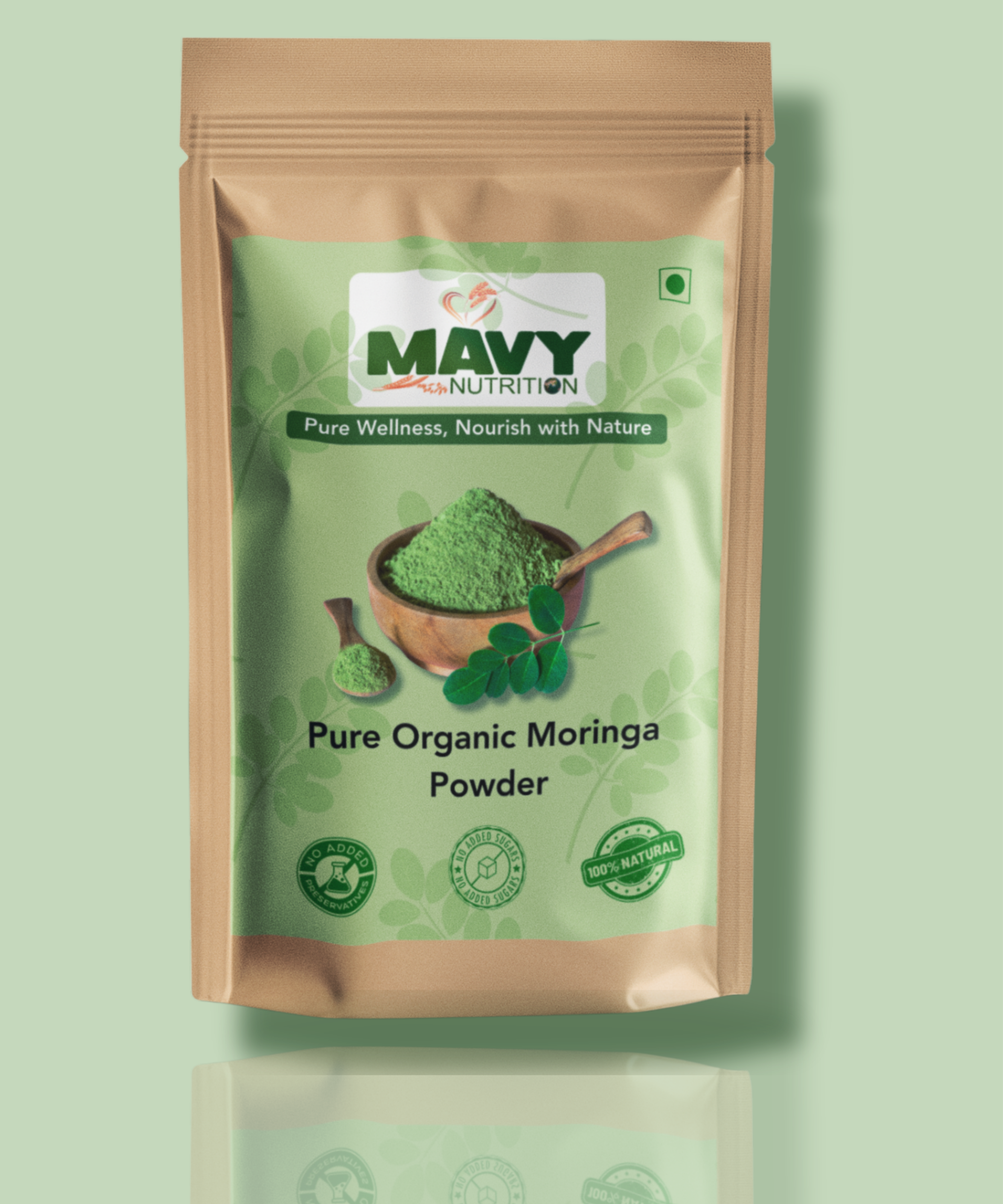 Mavy Nutrition Pure Organic Moringa Powder packaging on a light green background.