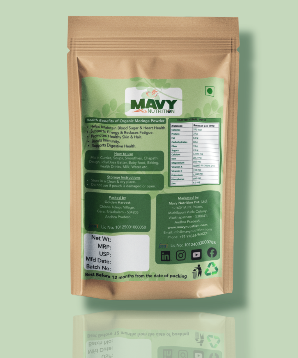 Mavy Nutrition Pure Organic Moringa Powder package on a light green background