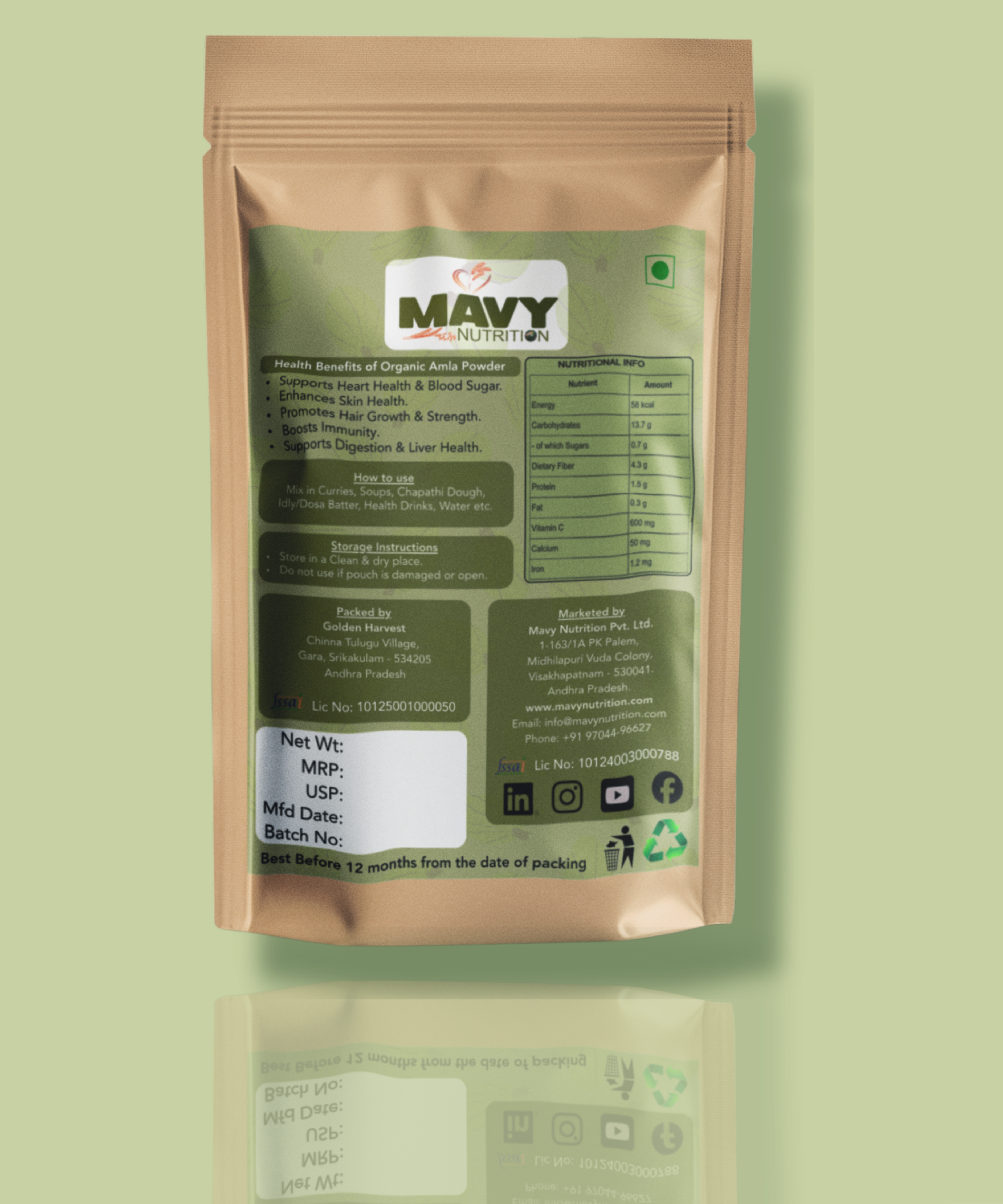 Mavy Nutrition pure organic amla powder package on a green background