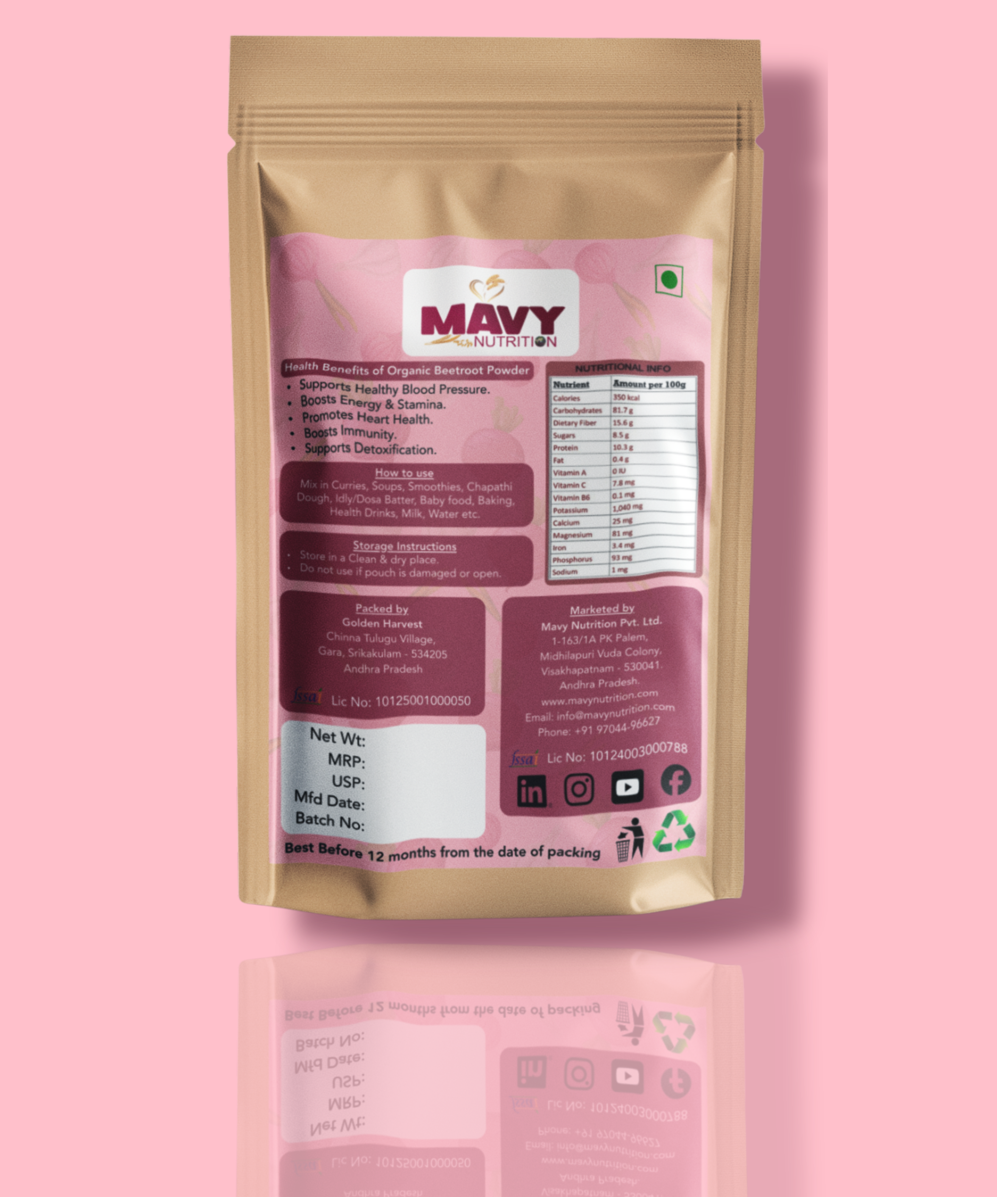 Mavy Nutrition pure organic beetroot powder package on a pink background