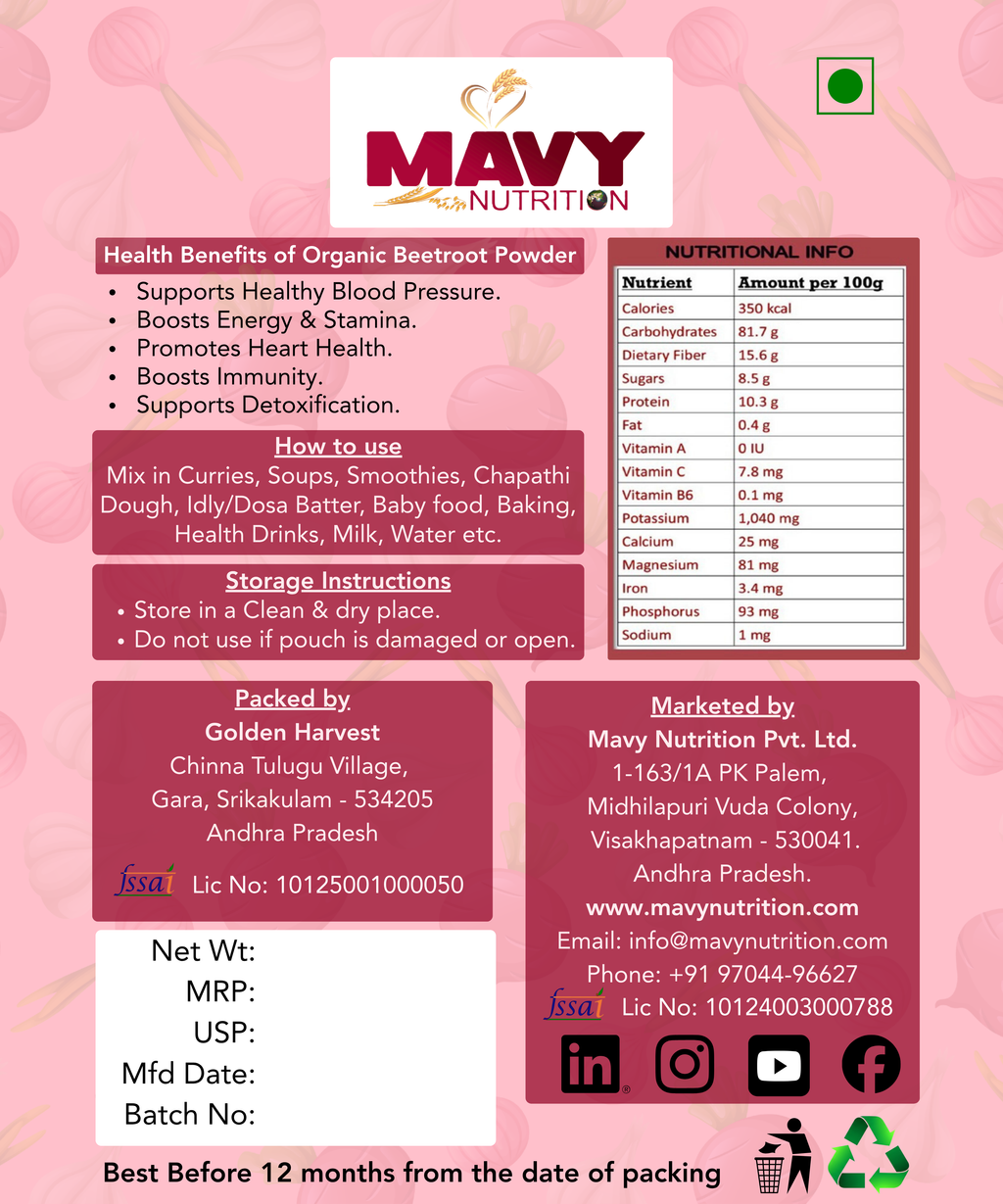 Mavy Nutrition organic beetroot powder packaging with health benefits, nutritional information, and storage instructions on a pink background.