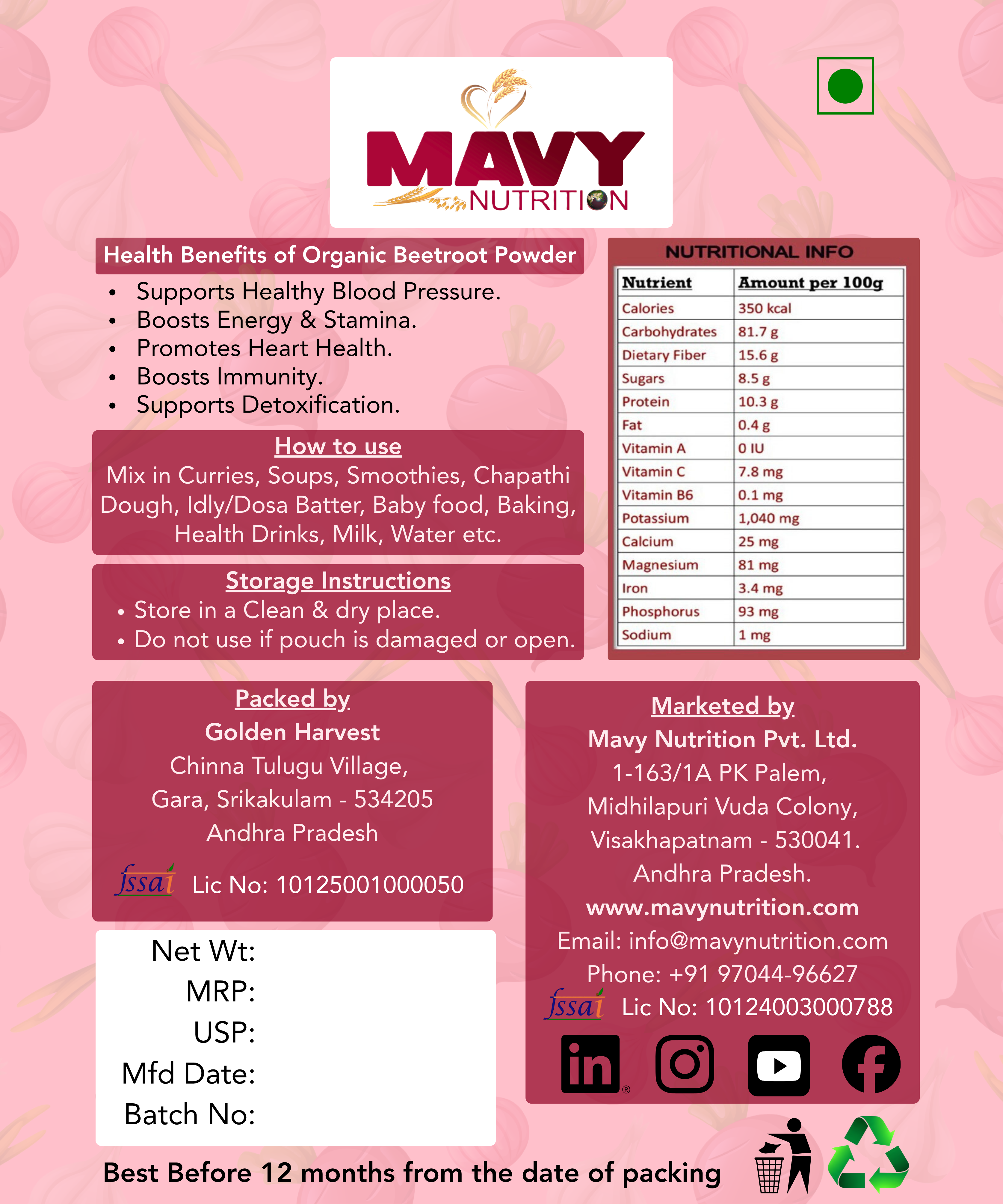 Mavy Nutrition organic beetroot powder packaging with health benefits, nutritional information, and storage instructions on a pink background.