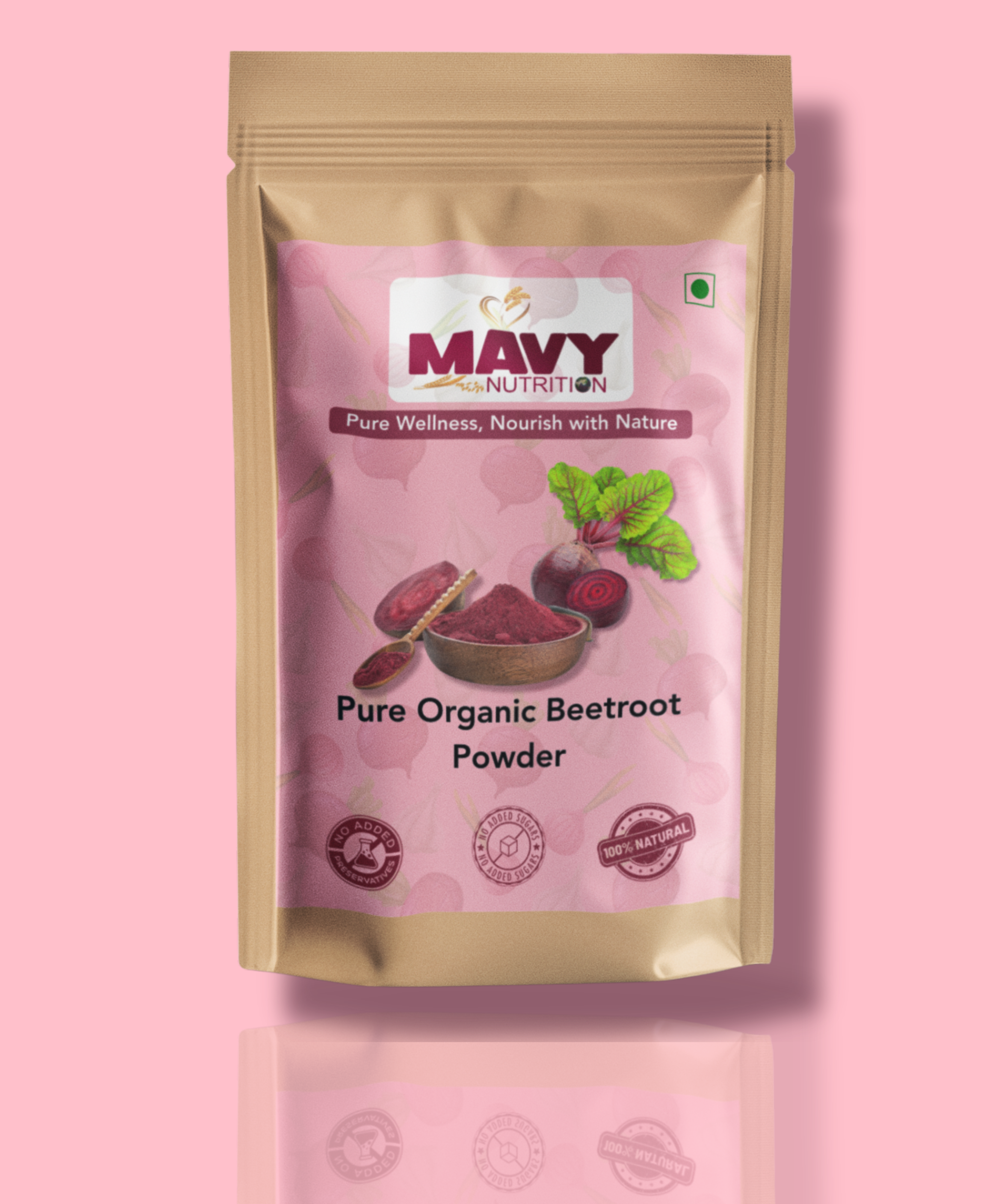 Mavy Nutrition pure organic beetroot powder packaging on a pink background