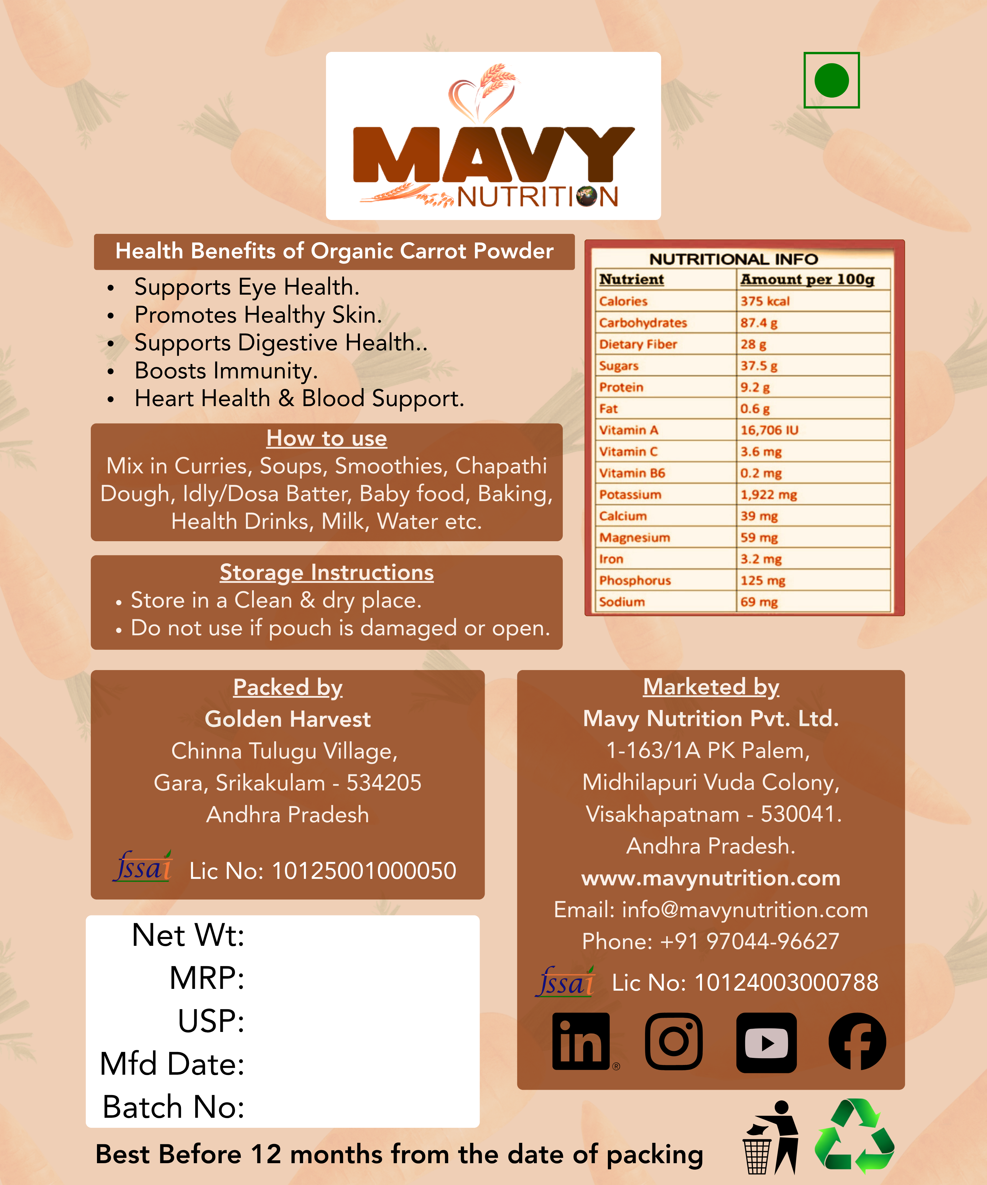 Mavy Nutrition organic carrot powder packaging with health benefits, nutritional information, and branding details.