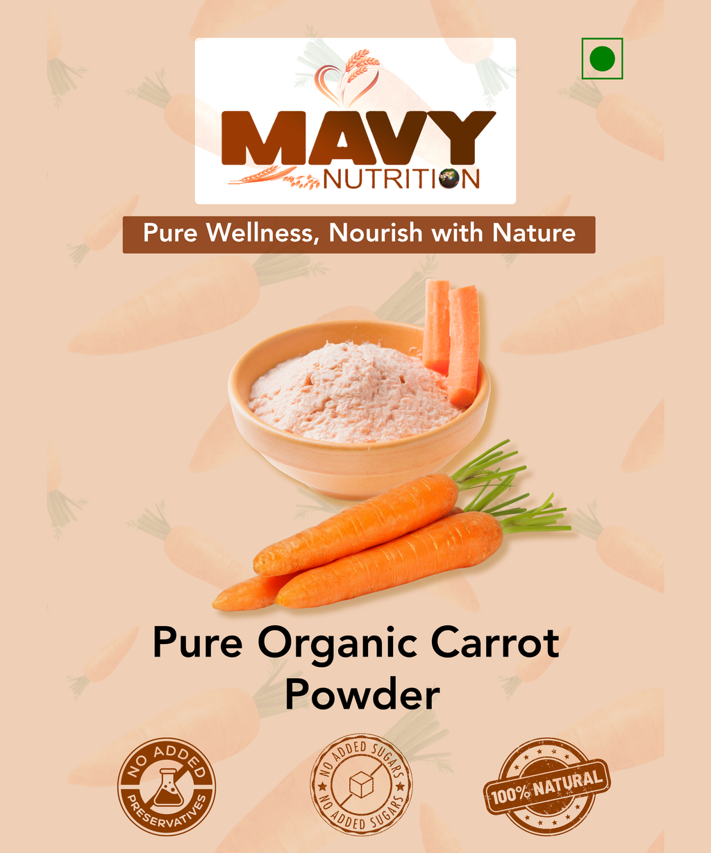 Mavy Nutrition pure organic carrot powder with carrots on a beige background