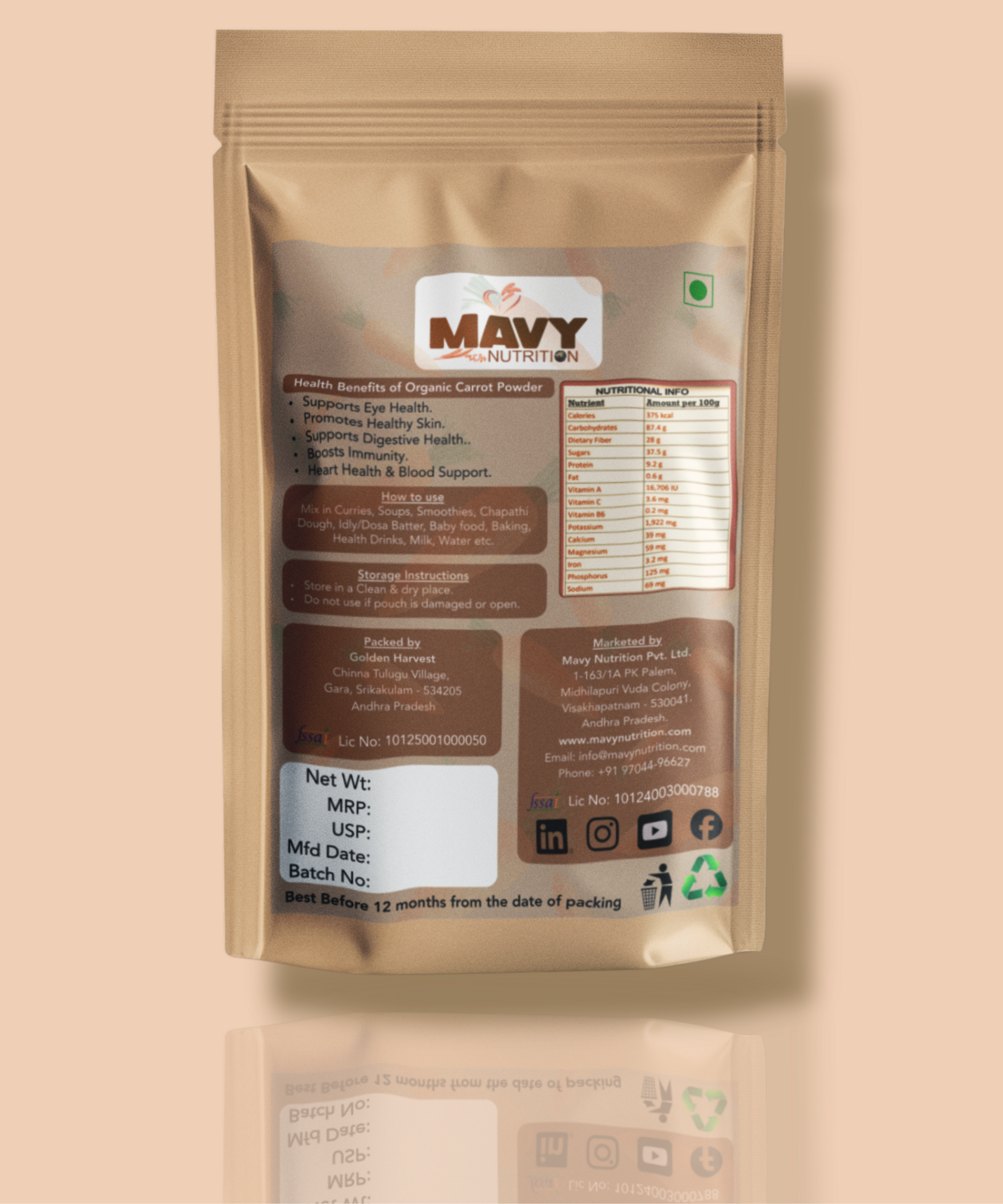 Mavy Nutrition Organic Carrot  powder package on a beige background.