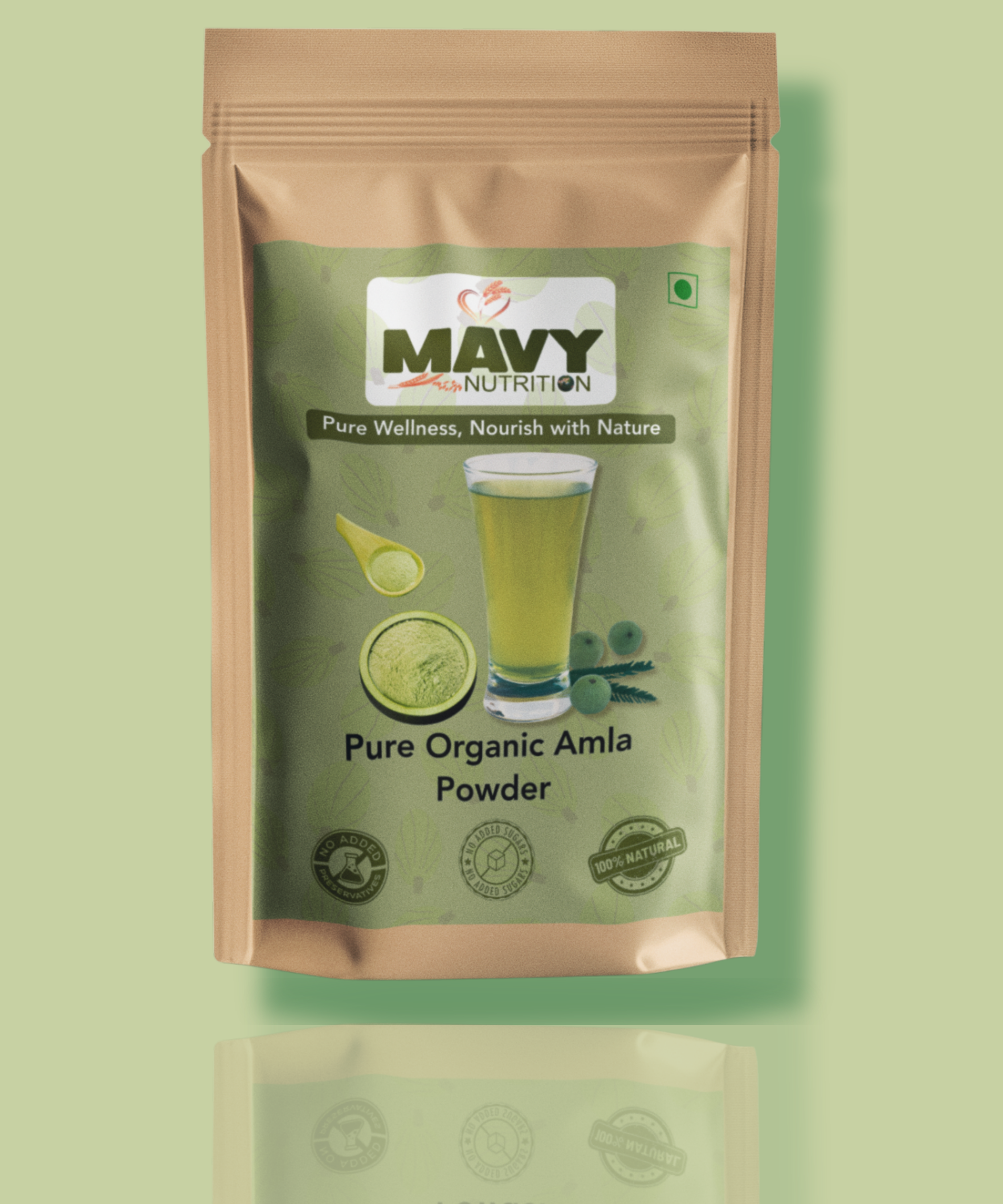 Mavy Nutrition Pure Organic Amla Powder packaging on a green background