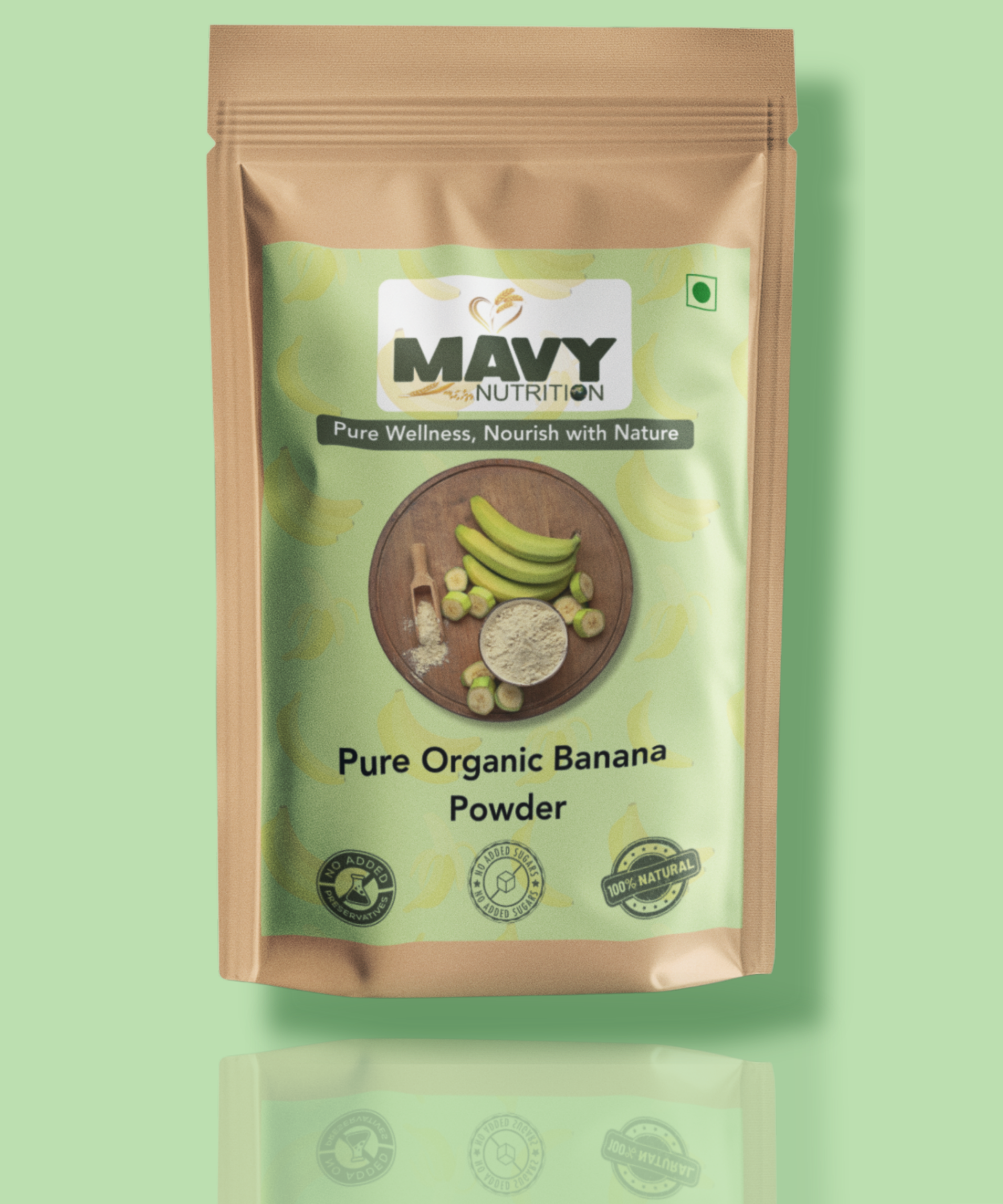 Mavy Nutrition Pure Organic Banana Powder package on a green background