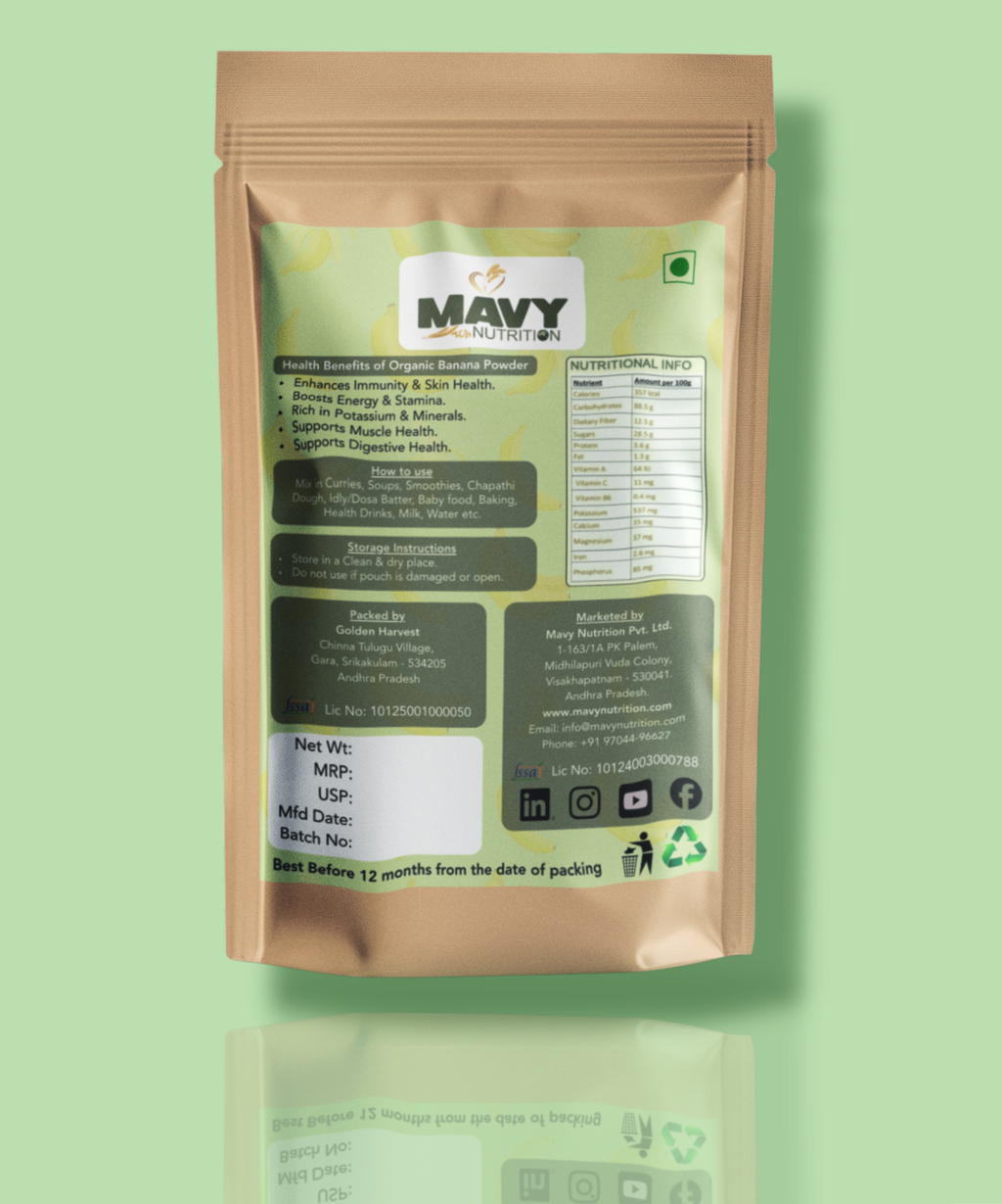 Mavy Nutrition Pure Organic Banana Powder package on a green background.
