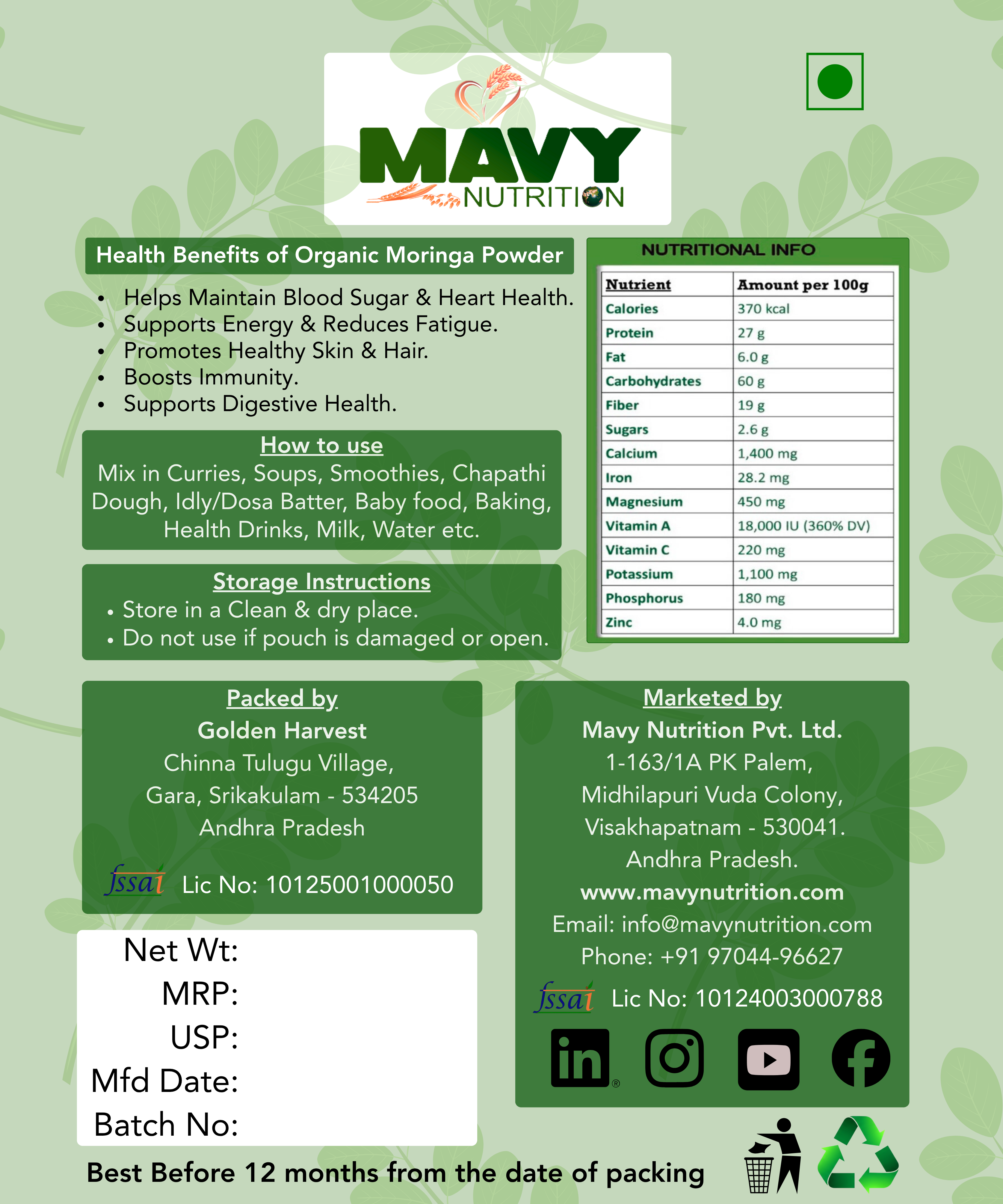 Mavy Nutrition Moringa Powder packaging with health benefits and usage instructions.