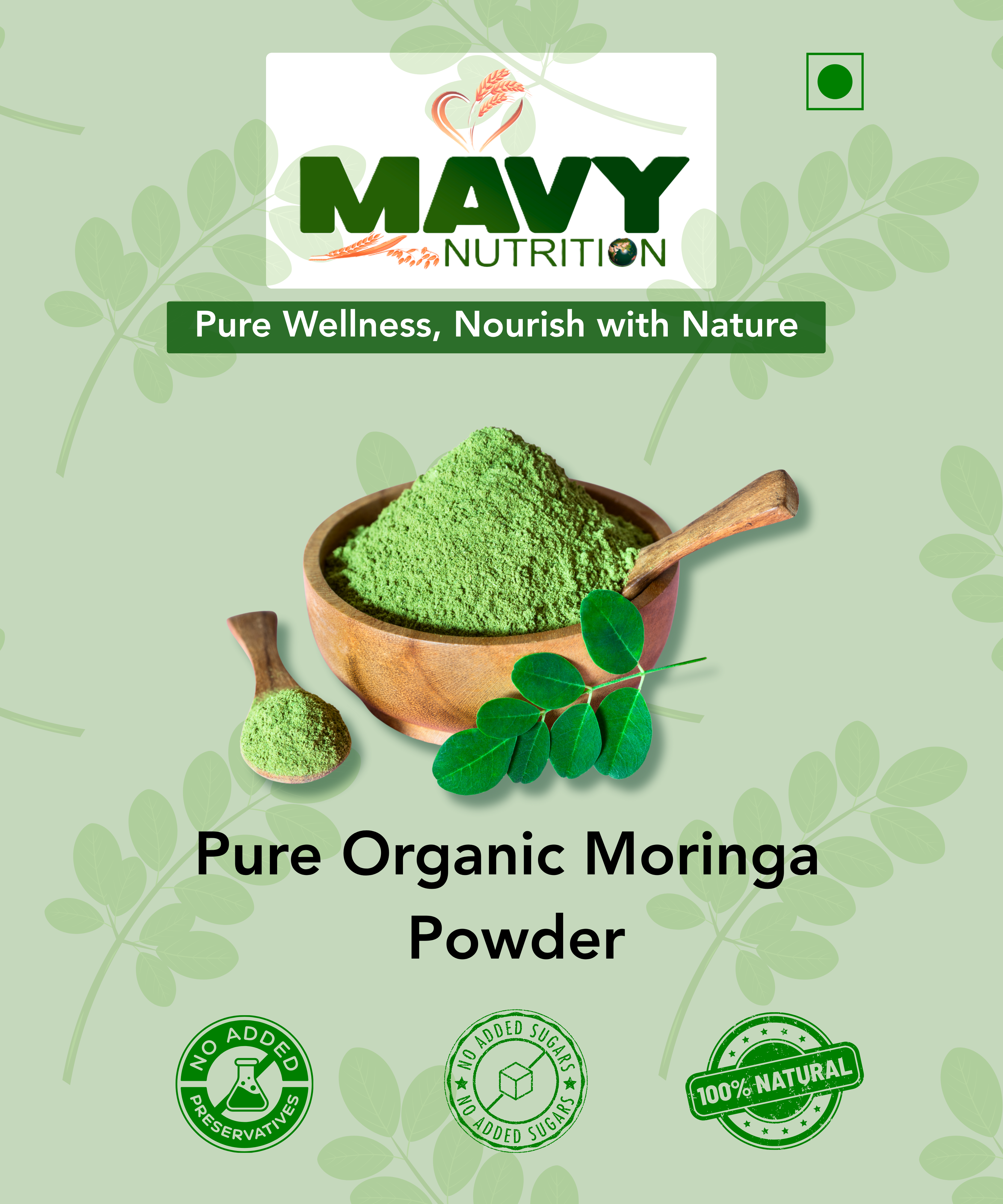 Moringa powder packaging with MAVY Nutrition branding on a green background