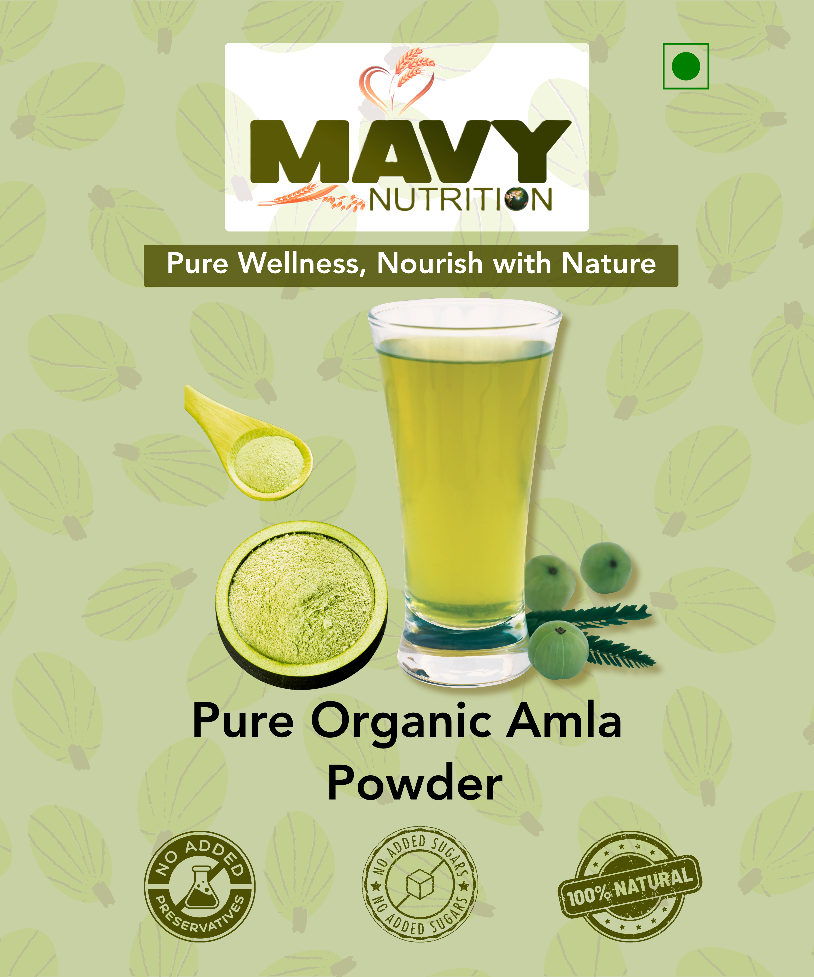 Mavy Nutrition Pure Organic Amla Powder packaging with a glass of juice and ingredients on a green background.