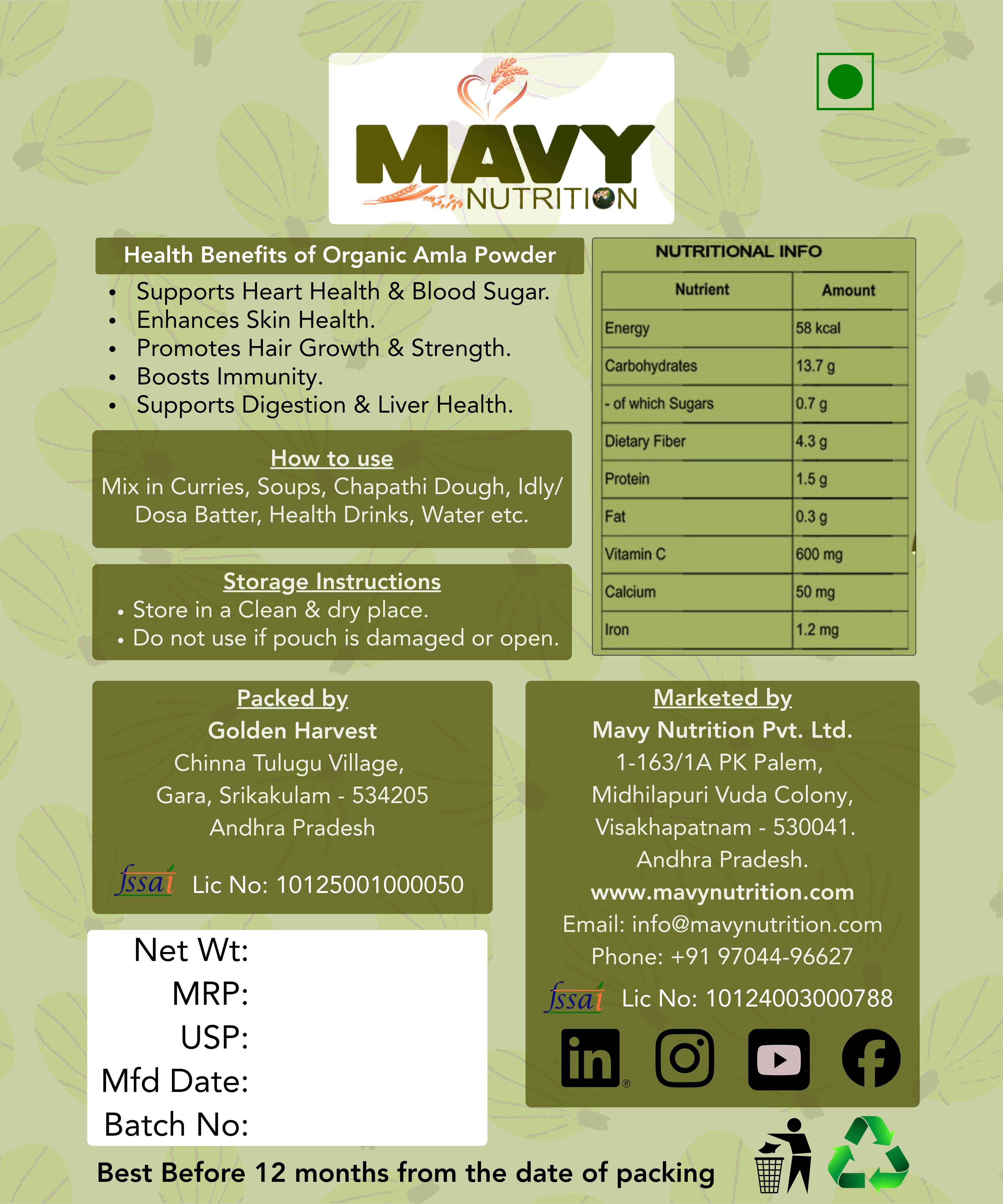 Mavy Nutrition Organic Amla Powder packaging with health benefits, nutritional information, and storage instructions.