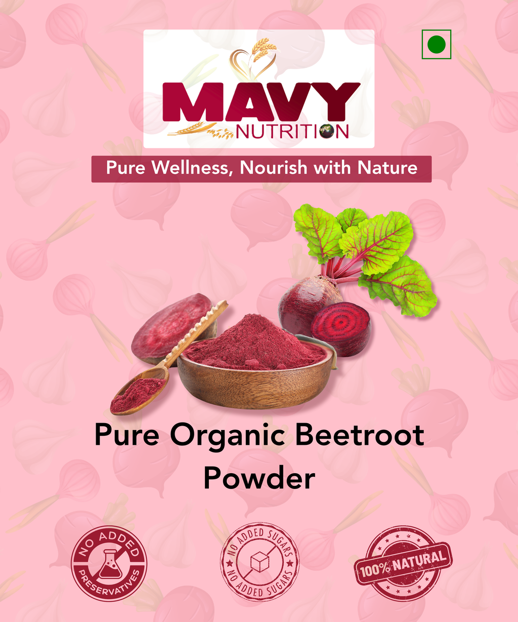 Mavy Nutrition Pure Organic Beetroot Powder packaging on a pink background